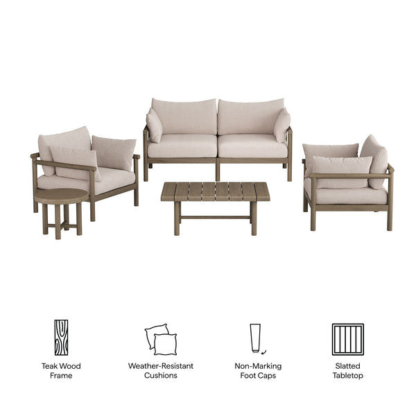 Modway Furniture Eleni Modway Solid Teak Outdoor Patio Set with Loveseat Armchairs and Coffee Table Brown EEI-7660-WGR-PEB