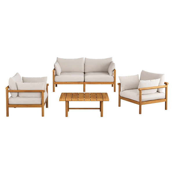 Modway Furniture Eleni Modway Solid Teak Outdoor Sofa Set with Armchairs Loveseat and Coffee Table White EEI-7661-NAT-SAI