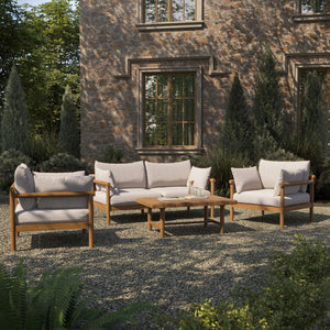 Modway Furniture Eleni Modway Solid Teak Outdoor Sofa Set with Armchairs Loveseat and Coffee Table White EEI-7661-NAT-SAI
