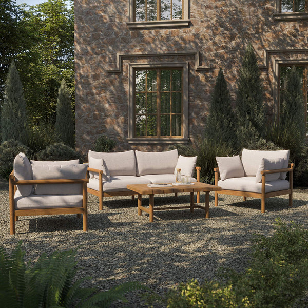Modway Furniture Eleni Modway Solid Teak Outdoor Sofa Set with Armchairs Loveseat and Coffee Table White EEI-7661-NAT-SAI