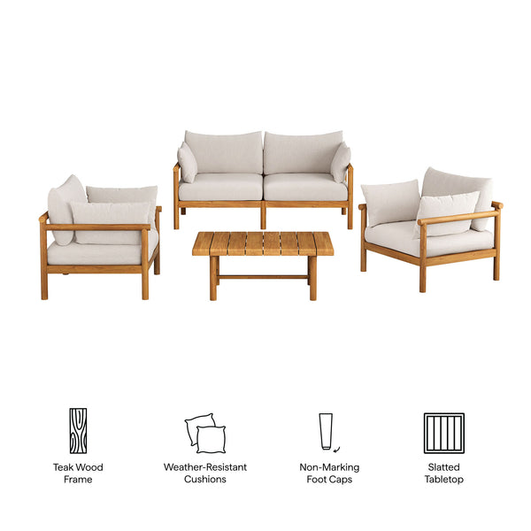 Modway Furniture Eleni Modway Solid Teak Outdoor Sofa Set with Armchairs Loveseat and Coffee Table White EEI-7661-NAT-SAI