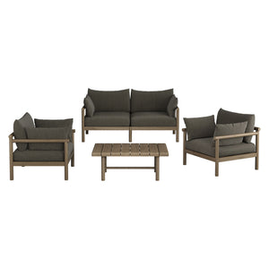 Modway Furniture Eleni Modway Solid Teak Outdoor Sofa Set with Armchairs Loveseat and Coffee Table Gray EEI-7661-WGR-FLI