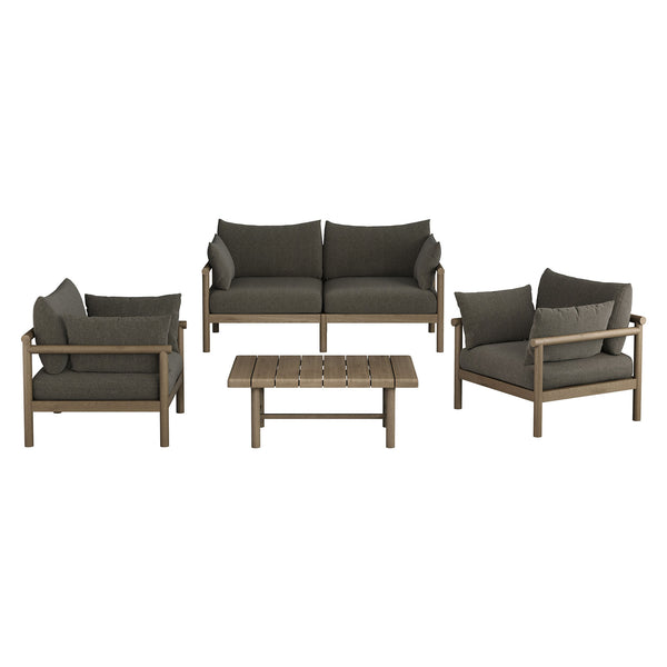 Modway Furniture Eleni Modway Solid Teak Outdoor Sofa Set with Armchairs Loveseat and Coffee Table Gray EEI-7661-WGR-FLI