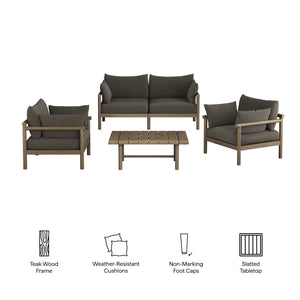 Modway Furniture Eleni Modway Solid Teak Outdoor Sofa Set with Armchairs Loveseat and Coffee Table Gray EEI-7661-WGR-FLI
