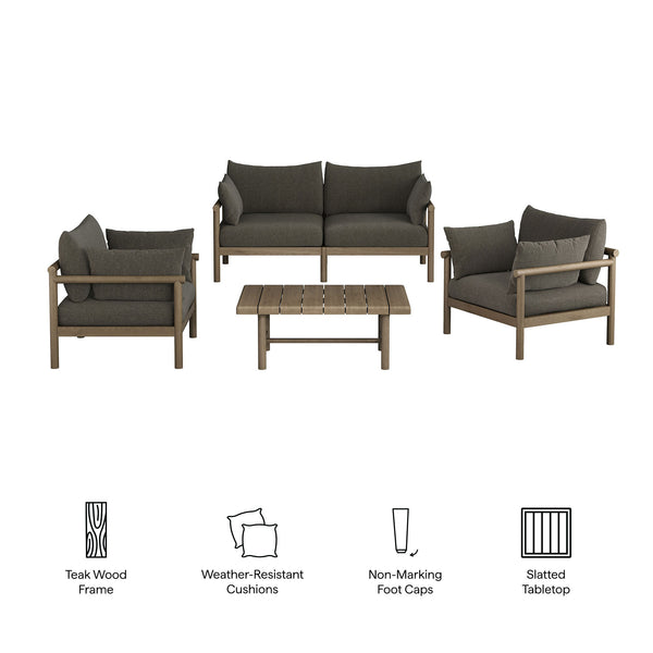 Modway Furniture Eleni Modway Solid Teak Outdoor Sofa Set with Armchairs Loveseat and Coffee Table Gray EEI-7661-WGR-FLI