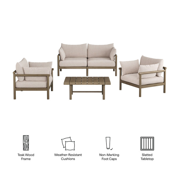 Modway Furniture Eleni Modway Solid Teak Outdoor Sofa Set with Armchairs Loveseat and Coffee Table Brown EEI-7661-WGR-PEB