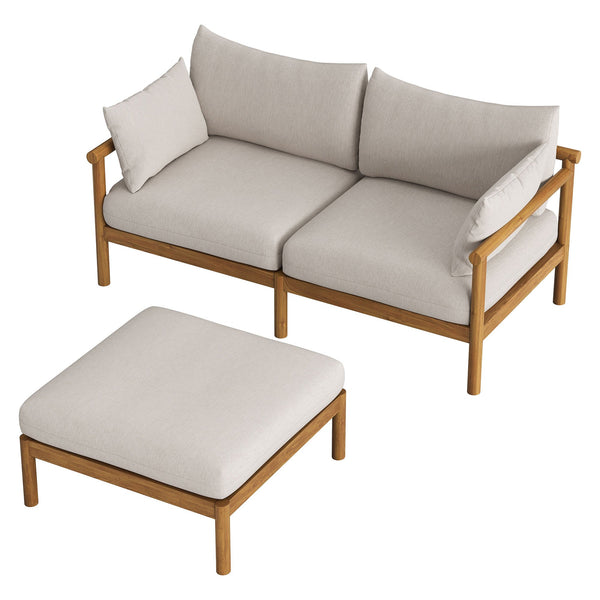 Modway Furniture Eleni Solid Teak Outdoor Loveseat and Ottoman Set with Cushions for Patio Decks White EEI-7662-NAT-SAI