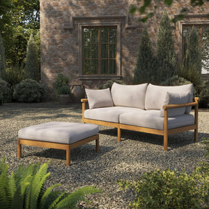 Modway Furniture Eleni Solid Teak Outdoor Loveseat and Ottoman Set with Cushions for Patio Decks White EEI-7662-NAT-SAI
