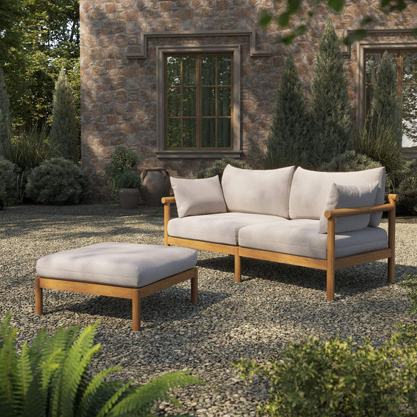 Modway Furniture Eleni Solid Teak Outdoor Loveseat and Ottoman Set with Cushions for Patio Decks White EEI-7662-NAT-SAI