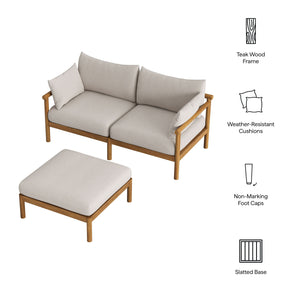 Modway Furniture Eleni Solid Teak Outdoor Loveseat and Ottoman Set with Cushions for Patio Decks White EEI-7662-NAT-SAI