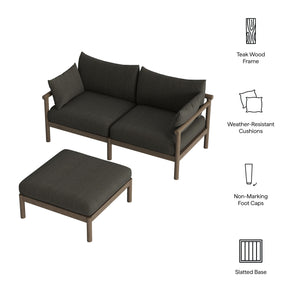 Modway Furniture Eleni Solid Teak Outdoor Loveseat and Ottoman Set with Cushions for Patio Decks Gray EEI-7662-WGR-FLI