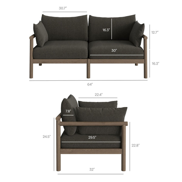 Modway Furniture Eleni Solid Teak Outdoor Loveseat and Ottoman Set with Cushions for Patio Decks Gray EEI-7662-WGR-FLI