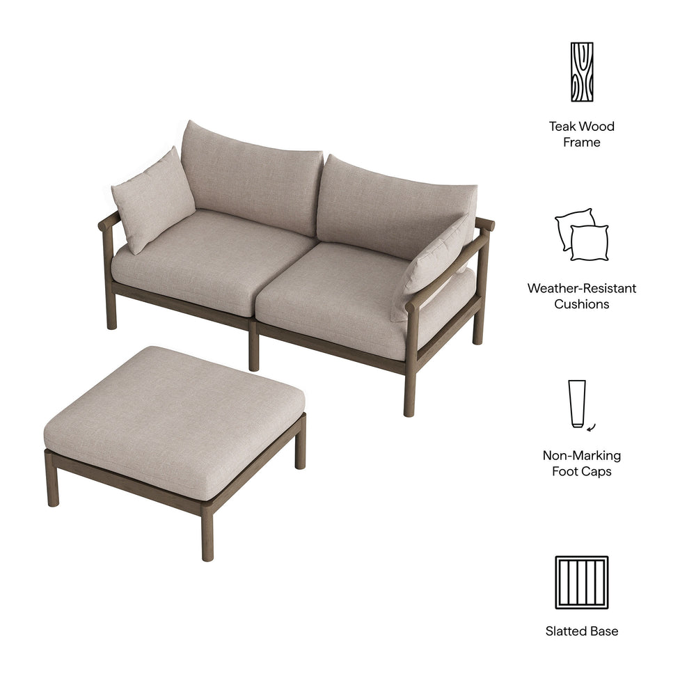 Modway Furniture Eleni Solid Teak Outdoor Loveseat and Ottoman Set with Cushions for Patio Decks Brown EEI-7662-WGR-PEB