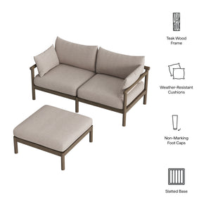Modway Furniture Eleni Solid Teak Outdoor Loveseat and Ottoman Set with Cushions for Patio Decks Brown EEI-7662-WGR-PEB