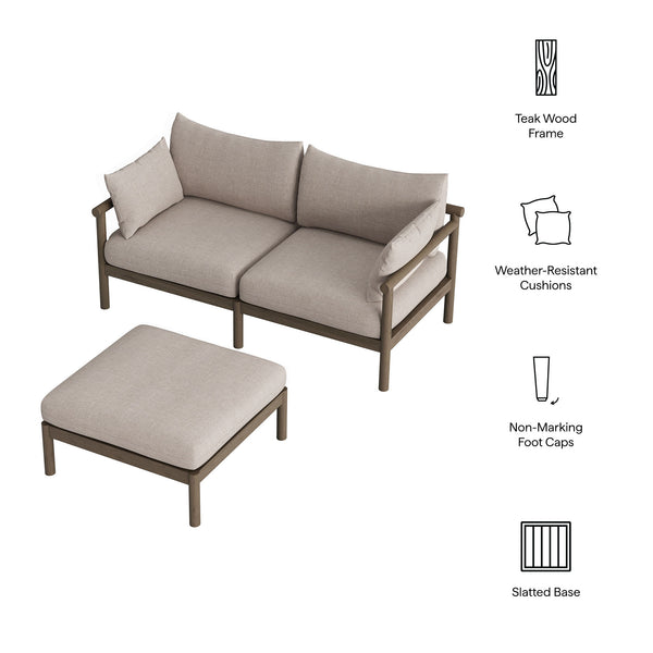 Modway Furniture Eleni Solid Teak Outdoor Loveseat and Ottoman Set with Cushions for Patio Decks Brown EEI-7662-WGR-PEB