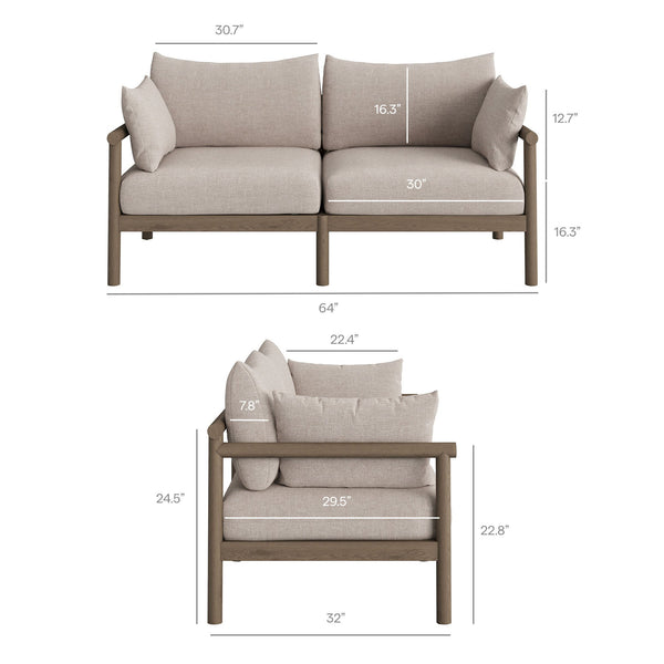 Modway Furniture Eleni Solid Teak Outdoor Loveseat and Ottoman Set with Cushions for Patio Decks Brown EEI-7662-WGR-PEB