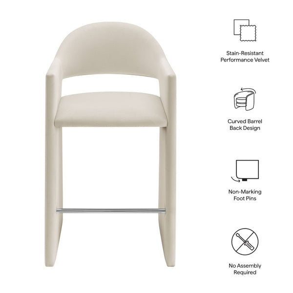Modway Furniture Talia Velvet Upholstered Barrel Back Barstool with Sculptural Armrests for Modern Kitchens Alabaster EEI-7666-ALA