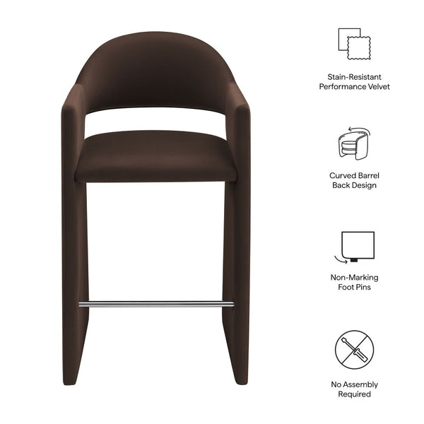 Modway Furniture Talia Velvet Upholstered Barrel Back Barstool with Sculptural Armrests for Modern Kitchens Chocolate Brown EEI-7666-CHB