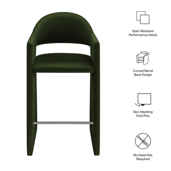 Modway Furniture Talia Velvet Upholstered Barrel Back Barstool with Sculptural Armrests for Modern Kitchens Moss Green EEI-7666-MOG