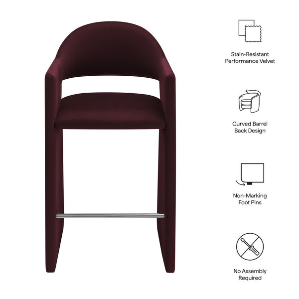 Modway Furniture Talia Velvet Upholstered Barrel Back Barstool with Sculptural Armrests for Modern Kitchens Mulberry EEI-7666-MUL