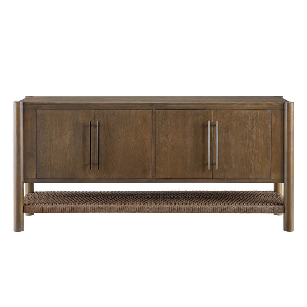 Modway Furniture Taschen Modway Four Door Wood Veneer Sideboard with Open Paper Rope Shelf Walnut Brown EEI-7670-WAL-BRN