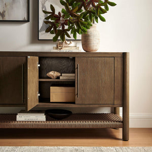 Modway Furniture Taschen Modway Four Door Wood Veneer Sideboard with Open Paper Rope Shelf Walnut Brown EEI-7670-WAL-BRN