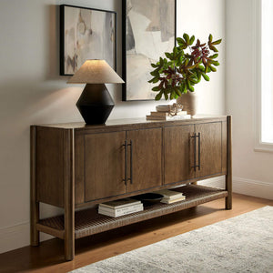 Modway Furniture Taschen Modway Four Door Wood Veneer Sideboard with Open Paper Rope Shelf Walnut Brown EEI-7670-WAL-BRN