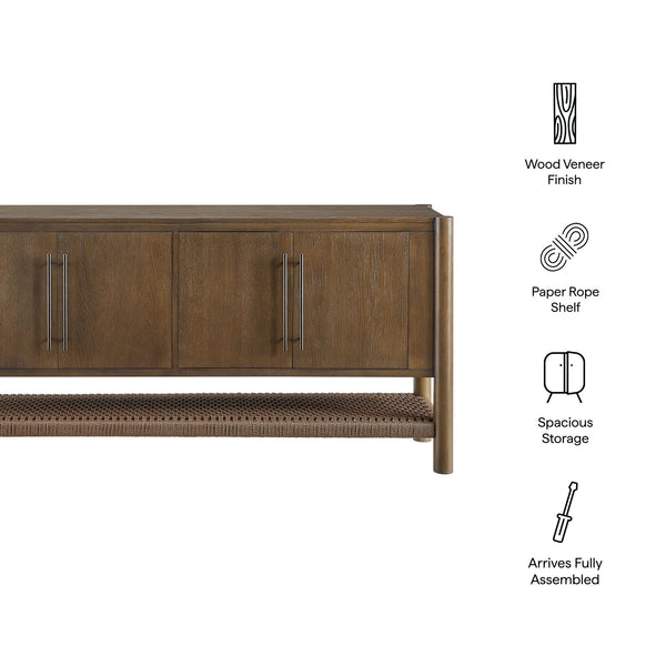 Modway Furniture Taschen Modway Four Door Wood Veneer Sideboard with Open Paper Rope Shelf Walnut Brown EEI-7670-WAL-BRN