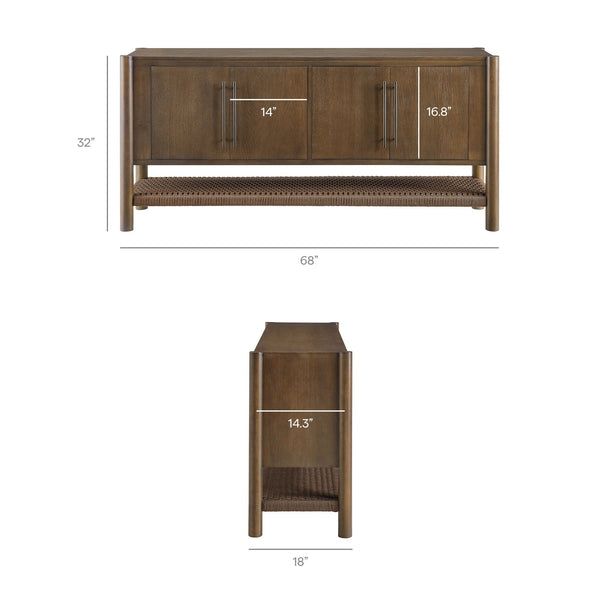 Modway Furniture Taschen Modway Four Door Wood Veneer Sideboard with Open Paper Rope Shelf Walnut Brown EEI-7670-WAL-BRN