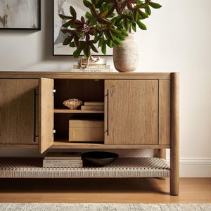Modway Furniture Taschen Modway Four Door Wood Veneer Sideboard with Open Paper Rope Shelf White Oak Natural EEI-7670-WOA-NAT