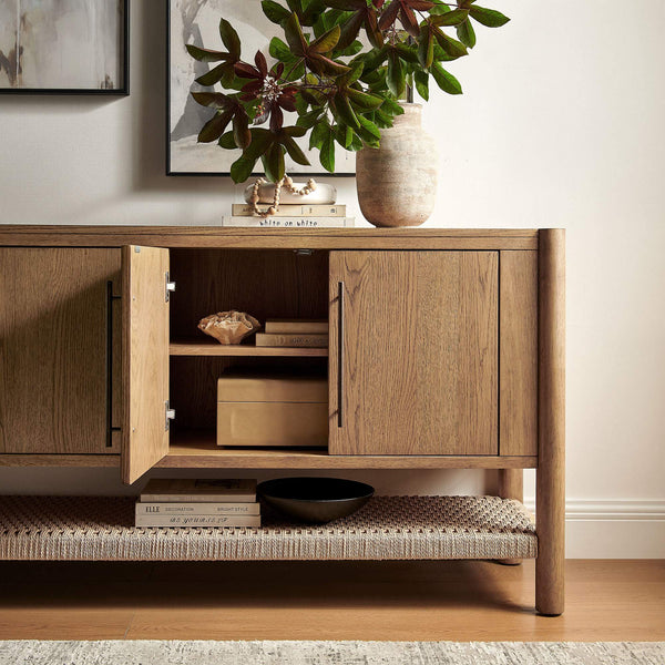 Modway Furniture Taschen Modway Four Door Wood Veneer Sideboard with Open Paper Rope Shelf White Oak Natural EEI-7670-WOA-NAT