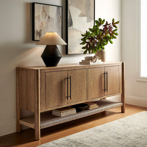 Modway Furniture Taschen Modway Four Door Wood Veneer Sideboard with Open Paper Rope Shelf White Oak Natural EEI-7670-WOA-NAT