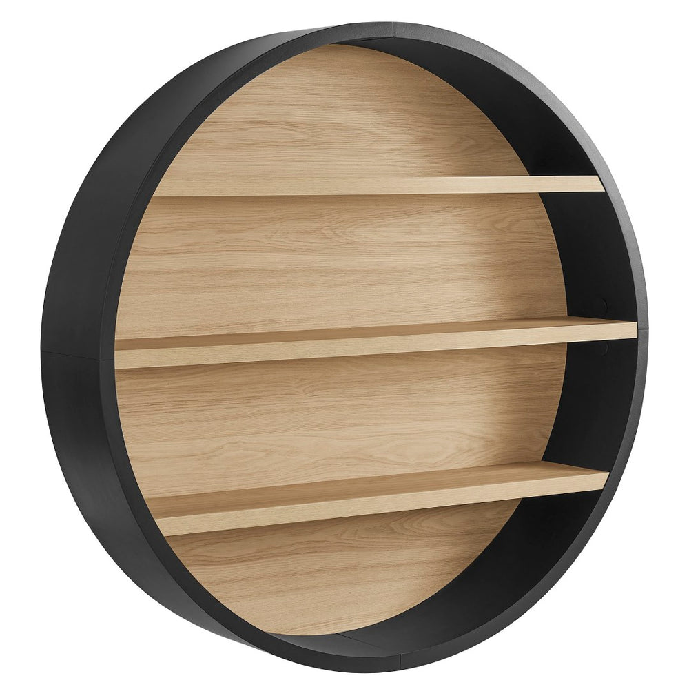 Modway Furniture Romy Circular Wall Mounted Bookshelf with Three Wood Grain Tiers for Stylish Display Black Natural EEI-7672-BLK-NAT
