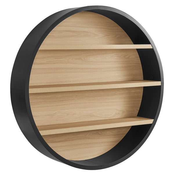 Modway Furniture Romy Circular Wall Mounted Bookshelf with Three Wood Grain Tiers for Stylish Display Black Natural EEI-7672-BLK-NAT