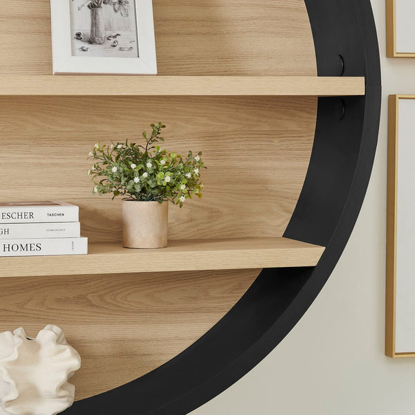 Modway Furniture Romy Circular Wall Mounted Bookshelf with Three Wood Grain Tiers for Stylish Display Black Natural EEI-7672-BLK-NAT