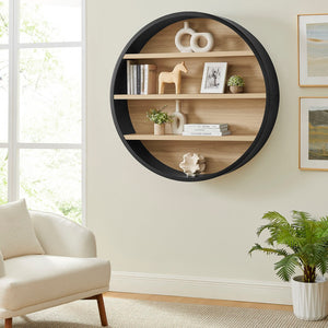 Modway Furniture Romy Circular Wall Mounted Bookshelf with Three Wood Grain Tiers for Stylish Display Black Natural EEI-7672-BLK-NAT