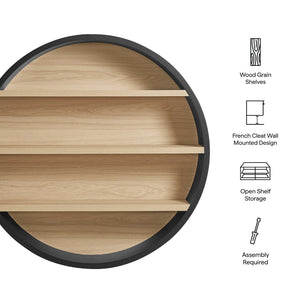 Modway Furniture Romy Circular Wall Mounted Bookshelf with Three Wood Grain Tiers for Stylish Display Black Natural EEI-7672-BLK-NAT