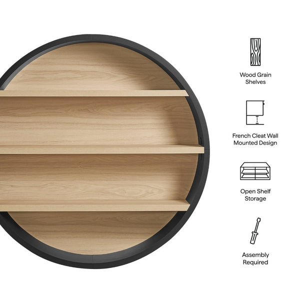 Modway Furniture Romy Circular Wall Mounted Bookshelf with Three Wood Grain Tiers for Stylish Display Black Natural EEI-7672-BLK-NAT