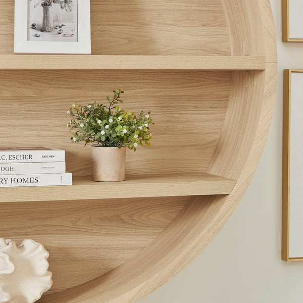 Modway Furniture Romy Circular Wall Mounted Bookshelf with Three Wood Grain Tiers for Stylish Display Natural EEI-7672-NAT