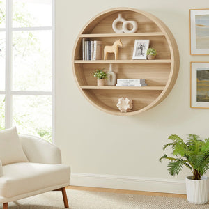 Modway Furniture Romy Circular Wall Mounted Bookshelf with Three Wood Grain Tiers for Stylish Display Natural EEI-7672-NAT