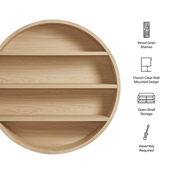 Modway Furniture Romy Circular Wall Mounted Bookshelf with Three Wood Grain Tiers for Stylish Display Natural EEI-7672-NAT