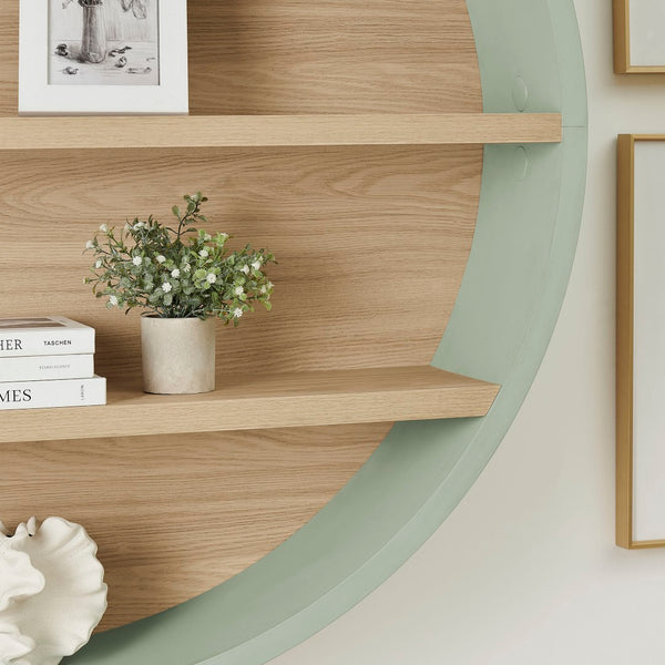 Modway Furniture Romy Circular Wall Mounted Bookshelf with Three Wood Grain Tiers for Stylish Display Sage Natural EEI-7672-SAG-NAT