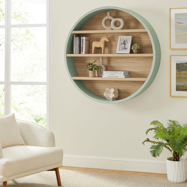 Modway Furniture Romy Circular Wall Mounted Bookshelf with Three Wood Grain Tiers for Stylish Display Sage Natural EEI-7672-SAG-NAT
