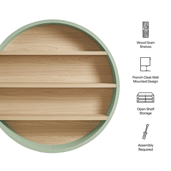 Modway Furniture Romy Circular Wall Mounted Bookshelf with Three Wood Grain Tiers for Stylish Display Sage Natural EEI-7672-SAG-NAT