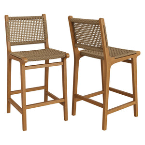 Modway Furniture Rowe Solid Teak Outdoor Counter Stools with Woven Faux Rattan Seats Set of 2 EEI-7688-NAT