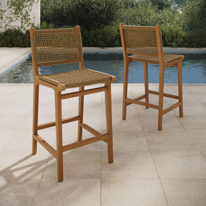 Modway Furniture Rowe Solid Teak Outdoor Counter Stools with Woven Faux Rattan Seats Set of 2 EEI-7688-NAT
