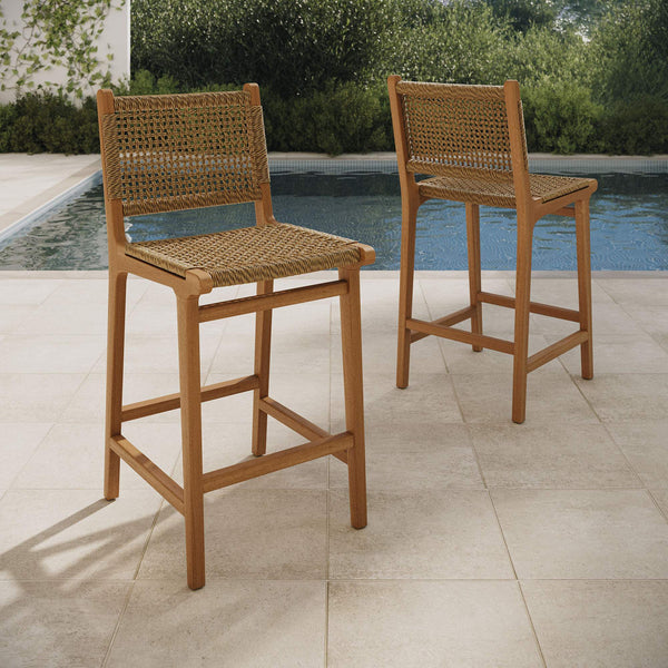 Modway Furniture Rowe Solid Teak Outdoor Counter Stools with Woven Faux Rattan Seats Set of 2 EEI-7688-NAT