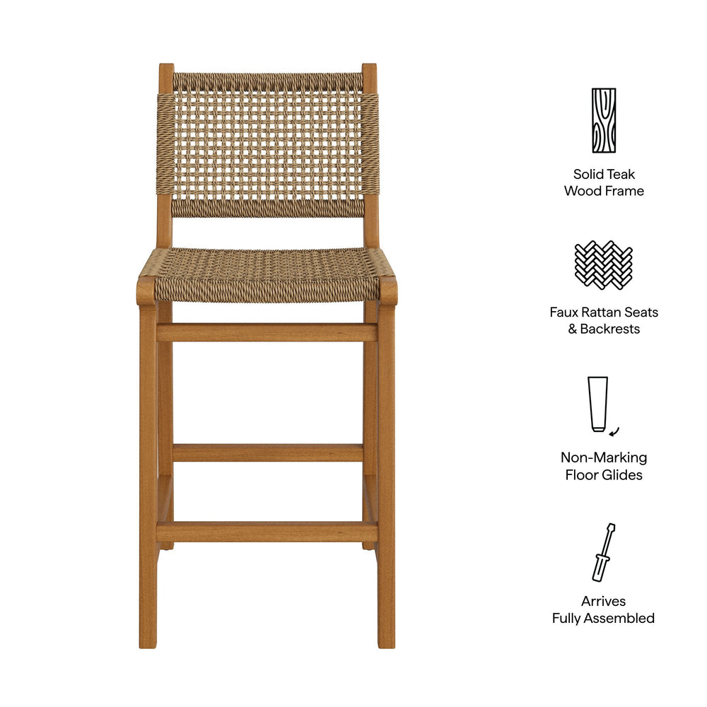 Modway Furniture Rowe Solid Teak Outdoor Counter Stools with Woven Faux Rattan Seats Set of 2 EEI-7688-NAT