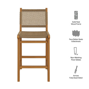 Modway Furniture Rowe Solid Teak Outdoor Counter Stools with Woven Faux Rattan Seats Set of 2 EEI-7688-NAT