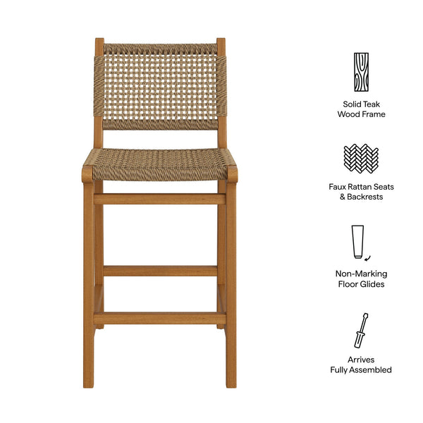Modway Furniture Rowe Solid Teak Outdoor Counter Stools with Woven Faux Rattan Seats Set of 2 EEI-7688-NAT